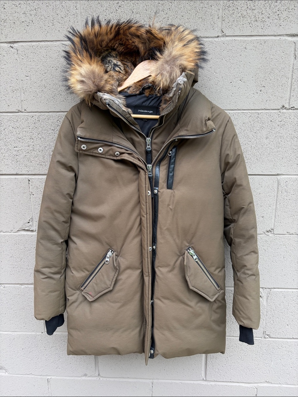 Mackage Olive Green Down Parka with removable Fur-Trim Hood